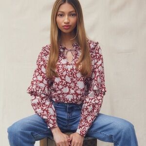 Ophelia and Indigo Betsy Top Burgundy and White Dahlia block print Blouse small